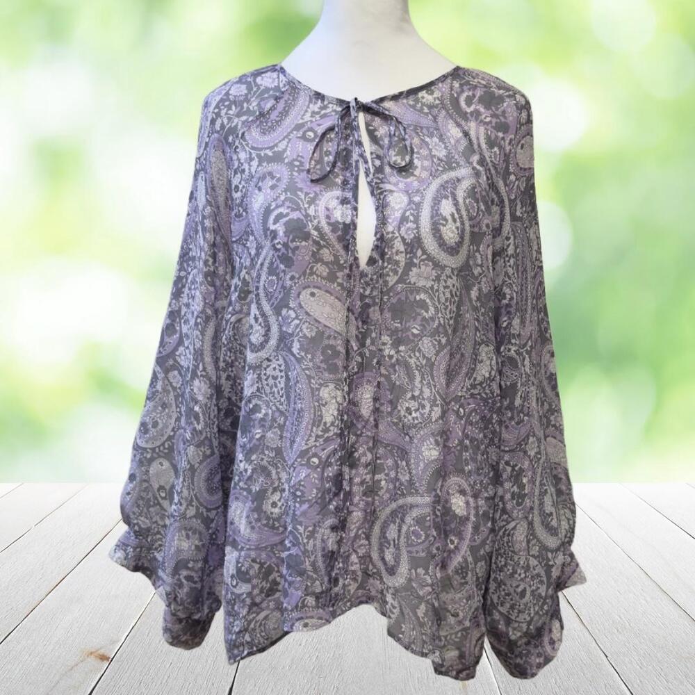 NILI LOTAN Silk Blouse Purple Paisley Sheer Balloon Sleeve Top Womens M Made USA - Picture 3 of 12